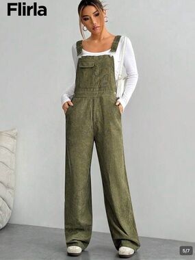 NWOT Flirla Casual Corduroy Olive Green Wide-Leg Overalls